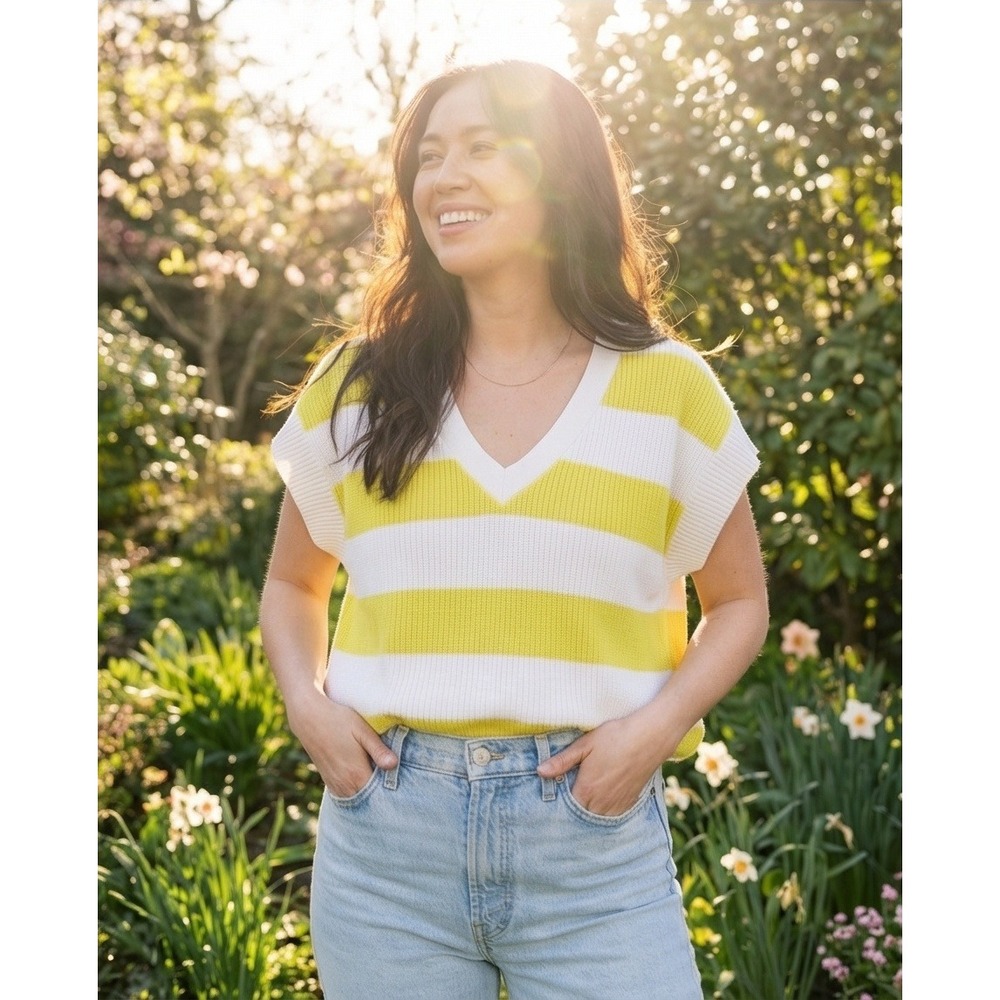 Maeve Anthropologie S Chartreuse Striped V-Neck Boxy‎ Sweater Small NWT $118